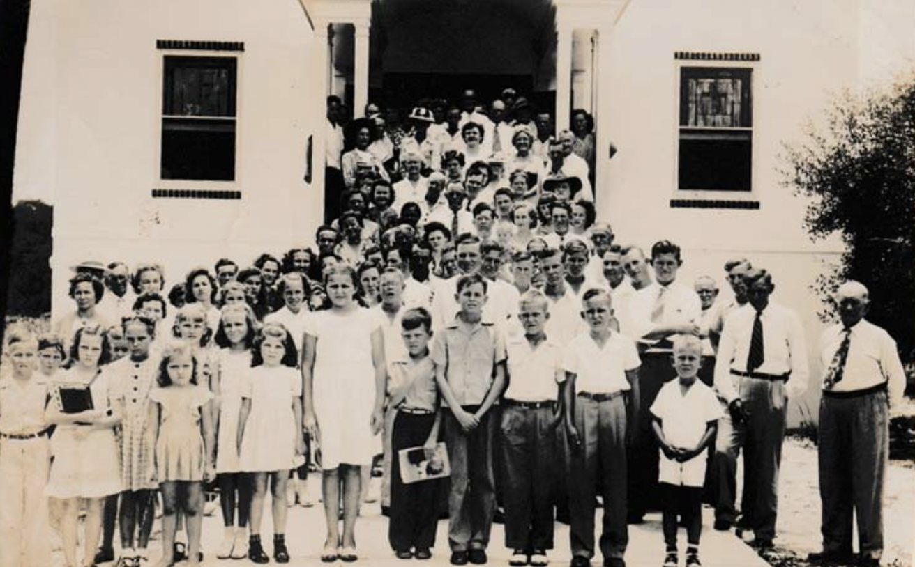 The Beulah congregation gathered on the church steps in the 1940s